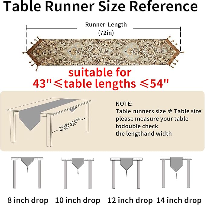 Luxury Vintage Design Table Runners 72 inches Long Embroidery Jacquard Fabric with Multi-Tassels Table Runners for Dining Room Dresser Wedding Holiday Party Fireplace Decorations (Coffee, 12X72inch)