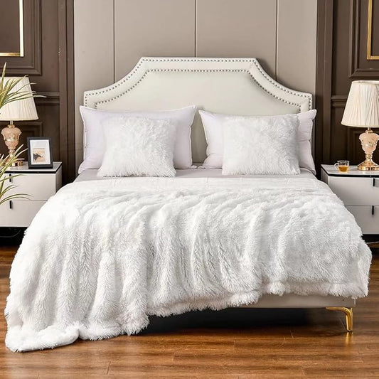 YUSOKI White King Faux Fur Blanket,2 Layers,90"x104",Without Pillows Big Soft Plush Fuzzy Large Warm Fluffy Blanket for Bed…