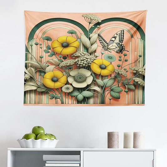 Ambesonne Boho Tapestry, Springtime Greenery with Boho Vibes Moth on Coral Tone Back Curving Stripes, Fabric Wall Hanging Decor for Bedroom Living Room Dorm, 28" X 23", Salmon Reseda Green