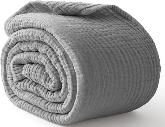 100% Cotton Muslin Blanket Queen 90" x 90", 6 Layers Breathable and Lightweight Cotton Throw Blanket for Bed, Soft Quilt Bedspread Coverlet, Gauze Blanket for Adults All Season, Grey