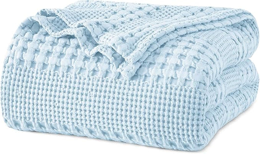 PHF 100% Cotton Waffle Weave Blanket Twin Size, Soft Lightweight Breathable Cozy Summer Blankets for Bed, Luxury Aesthetic Woven Bedding for Home Decor, 66"x90", Baby Blue