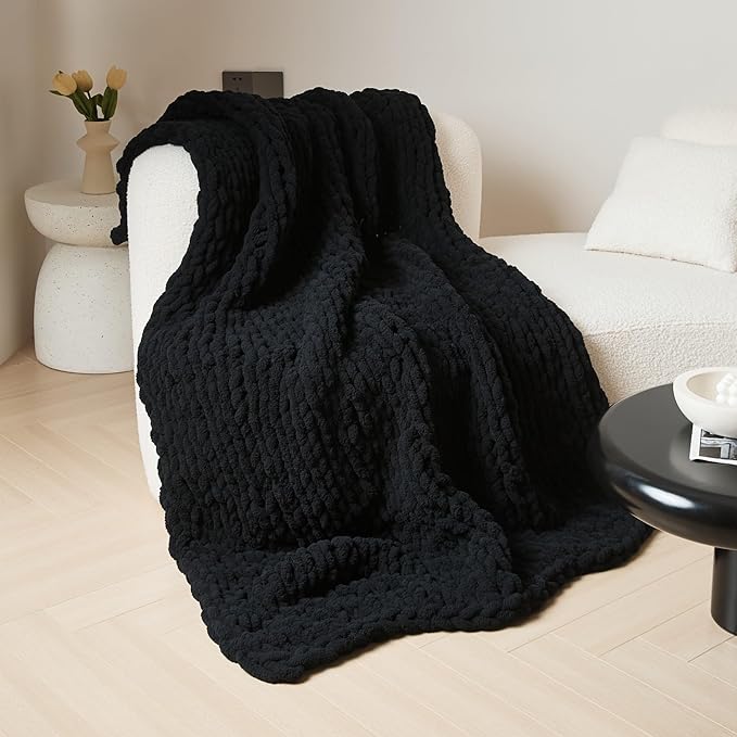 WESHIONGOO Chunky Knit Blanket Throw 50"×60" Knitted Throw Blankets for Couch Bed Fluffy Soft Blanket with Jumbo Chenille Yarn Thick 100% Handmade (Black)