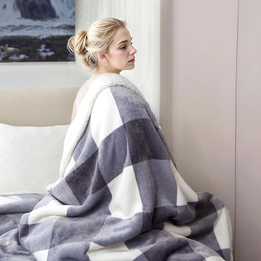 PU MEI Sherpa Blanket Fleece Throw Blanket Twin Plaid Thick Bed Blanket, Soft Warm Cozy Grey Checkered Throw Blanket 60"*80"