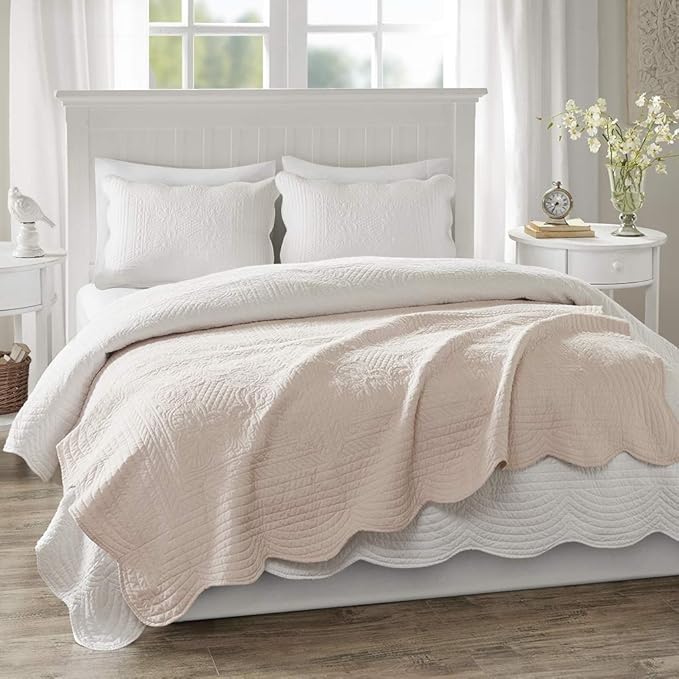 Madison Park Cotton Filled Spread, Ultra Soft, Cozy Living Room Couch, Sofa, Bed Luxe Quilted Throw Blanket-Damask Stitching Design, 60x72, Scalloped Edges Blush
