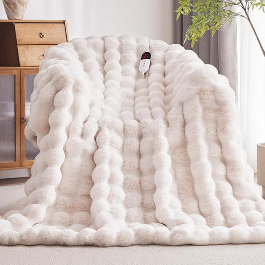 Heated Blanket Throw with 1/2/4/6/8 Hours Auto-Off 10 Heat Level, 62'' * 84'' Cozy Faux Rabbit Fur Bubble Electric Blanket with Overheat Protection(White)