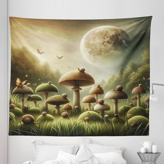 Ambesonne Mushroom Tapestry King Size, Dreamy Space Aura Fantasy Meadow Illustration Featuring Moon and Woods, Wall Hanging Bedspread Bed Cover Wall Decor, 104" X 88", Reseda Green and Khaki