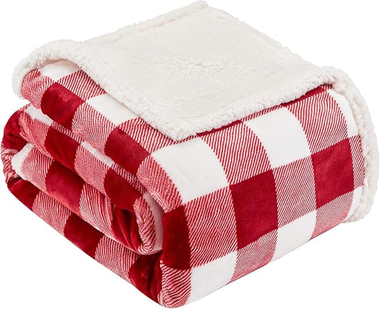 Touchat Red and White Buffalo Plaid Christmas Twin Blanket, 60" X 70", Fuzzy Fluffy Soft Cozy Fleece Flannel Plush Microfiber Blanket for Couch, Bed, Sofa