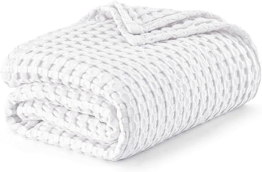 Bedsure Cooling Cotton Waffle Full Size Blanket - Lightweight Breathable Blanket of Rayon Derived from Bamboo for Hot Sleepers, Luxury Throws for Bed, Couch and Sofa, White, 80x90 Inches