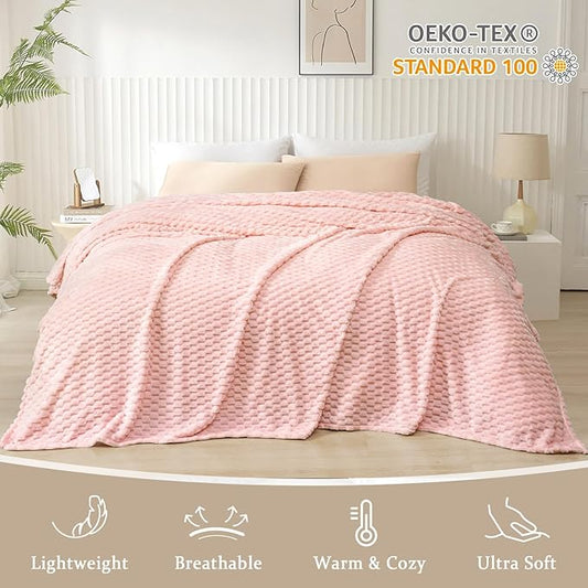 PHF Ultra Soft Flannel Fleece Blanket Queen Size, Lightweight 3D Jacquard Fleece Blanket, No Shedding, No Pilling, Luxury 340GSM Aesthetic Fluffy Cozy for Bed Room Decor, 90"x90", Pink