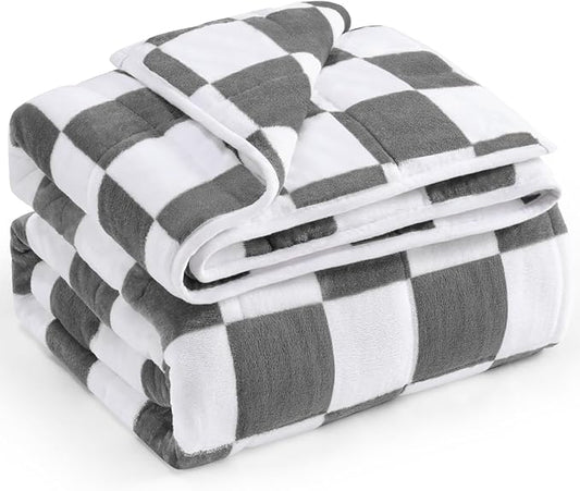 Wemore Flannel Fleece Weighted Blanket for Adult Twin Size 12 lbs, Dual Sided Luxurious Checkerboard Grid Heavy Blankets, Ultra Soft Throw Blanket, Plaid Grey, 48 x 72 inches