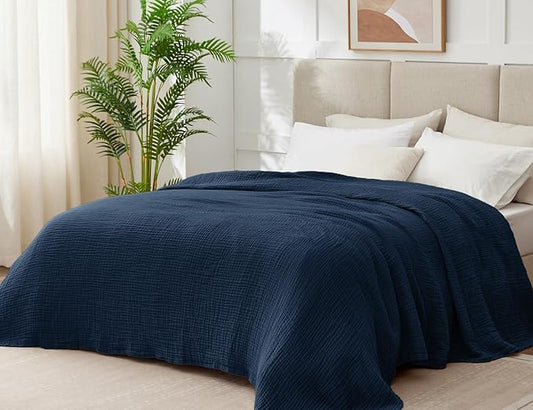 100% Cotton Muslin Blanket King 108" x 90", 6 Layers Breathable and Lightweight Cotton Throw Blanket for Bed, Soft Quilt Bedspread Coverlet, Gauze Blanket for Adults All Season, Navy