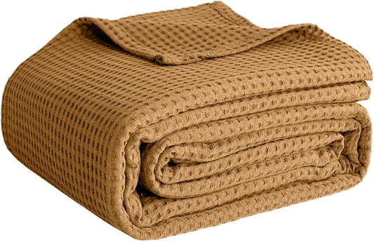 100% Cotton Blankets Queen Size for Bed - Waffle Weave Blankets for Summer, Lightweight and Breathable Soft Woven Blanket for Spring, White, 90x90 Inches (Orange, Queen (90" x 90"))