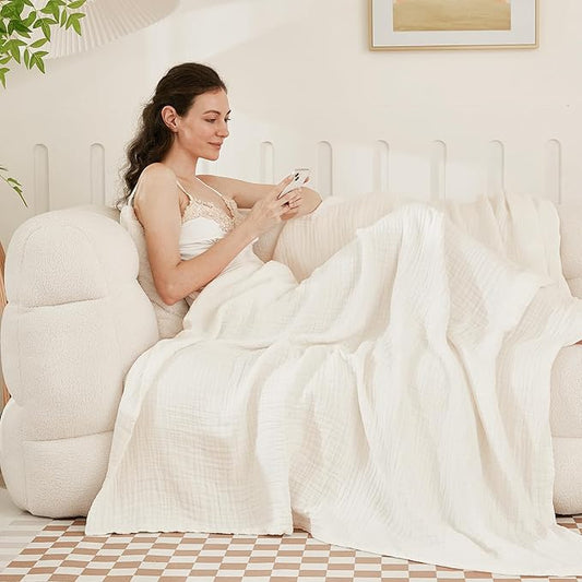 EMME Cotton Throw Blanket for Couch Soft Muslin Blankets 50"x60" Lightweight Breathable Blanket All Season Gauze Blanket, White