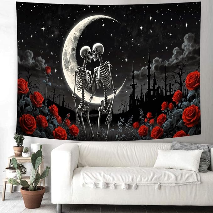 Delur The Lovers Skull Tapestry Gothic Black and White Romantic Constellation Skeleton Tapestry Floral Abstract Psychedelic Wall Hanging Headboard for Bedroom Living Room Home Decor (70.8" x 92.5")