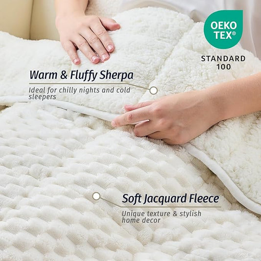 Wemore Fleece Weighted Blanket for Adults (48" x 72" 15lbs, Cream White), Dual Sided Cozy Soft Sherpa Heavy Blanket, 3D Imitation Turtle Shell Warm Jacquard Flannel Weighted Blankets for Couch and Bed