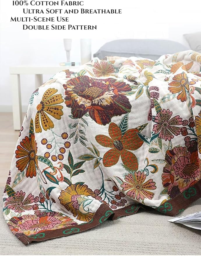 Fall Throw Blankets for Bed Couch, 100% Organic Cotton Breathable Woven Throw Blankets 80"x90", Versatile Boho Quilt for Travel Picnic,Home Decor Lightweight Farmhouse Muslin Blankets
