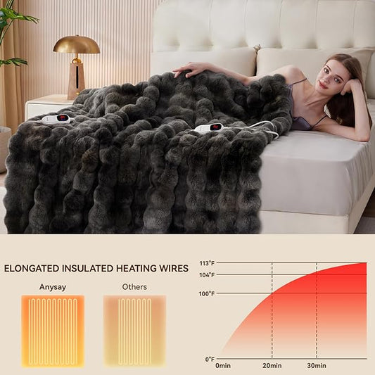 Heated Blanket Throw with 1/2/4/6/8 Hours Auto-Off 10 Heat Level, 90'' * 100'' Cozy Faux Rabbit Fur Bubble Electric Blanket with Overheat Protection(Tie-Dye Dark Grey)