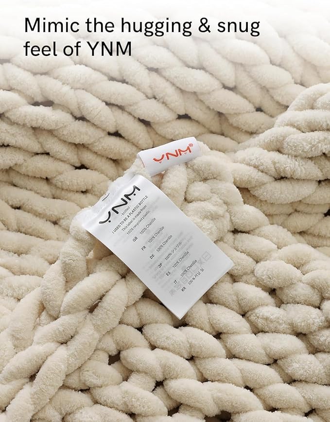 YnM Chunky Throw Blanket, Hand Knitted with Chenille Yarn, Skin Friendly, Ventilated and Breathable, Machine Washable, Home Décor Piece for Couch, Sofa and Bed (Butter Cream, 60x80 Inch)