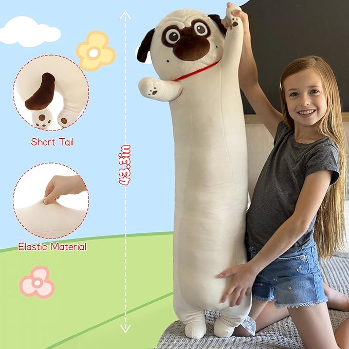 MaoGoLan Pug Stuffed Animal for Pug Lovers, 43 inch Giant Dog Plush Super Soft Body Pillow for Kids Adults Teens Girls Boys Christmas Valentine's Day Birthday