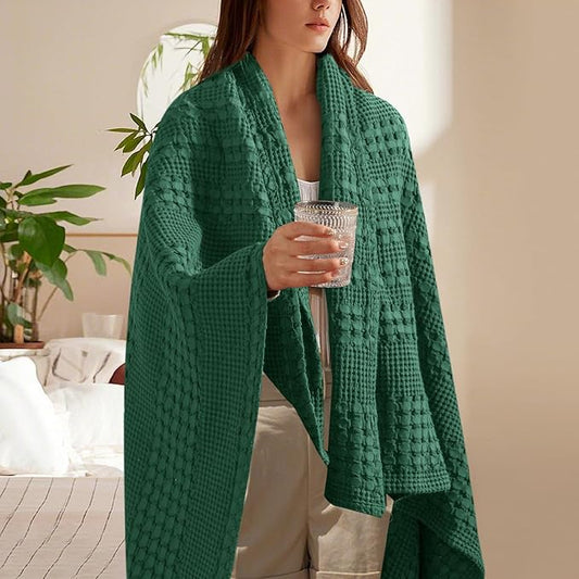 PHF 100% Cotton Waffle Weave Throw Blanket, Soft Lightweight Breathable Cozy Summer Throws for Couch Bed Sofa, Luxury Aesthetic Woven Blanket for Home Decor & Office, 50"x60", Dark Green