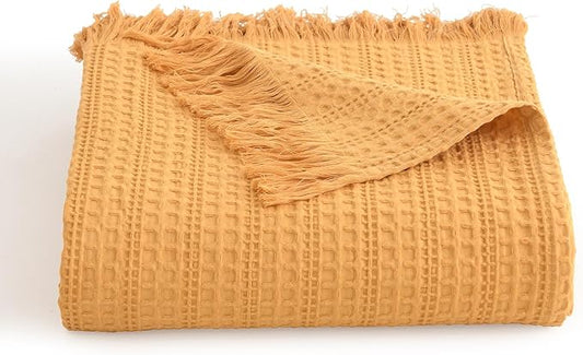 100% Cotton Waffle Blanket with Fringe, Pre-Washed Waffle Weave Blanket for All Season, Lightweight Breathable Soft Cozy Throw Blanket for Couch, Bed, Travel (Mustand Yellow - 50x60 Inches)