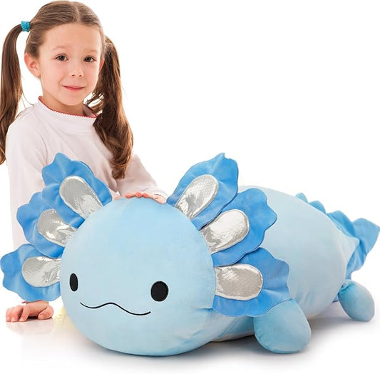 Jumbo Axolotl Plush Toy, 39" Giant Axolotl Stuffed Animal Plush, Big Blue Toys Gift for Girls Kids, Long Squishy Pillow for Holiday Birthday Christmas