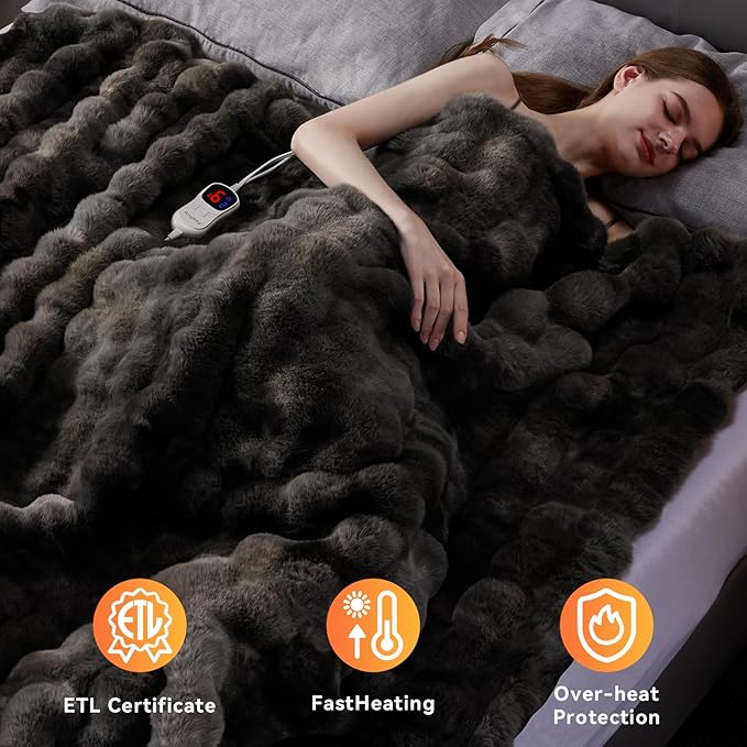 Heated Blanket Throw with 1/2/4/6/8 Hours Auto-Off 10 Heat Level, 50'' * 60'' Cozy Faux Rabbit Fur Bubble Electric Blanket with Overheat Protection(Tie-Dye Dark Grey)