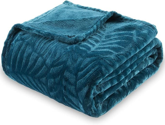 SOCHOW Super Soft Flannel Fleece Bed Blanket, Lightweight Cozy Warm Leaves Textured Plush Blanket as Bedspread Coverlet Bed Cover for All Seasons, 90 x 90 Inches, Blue Coral