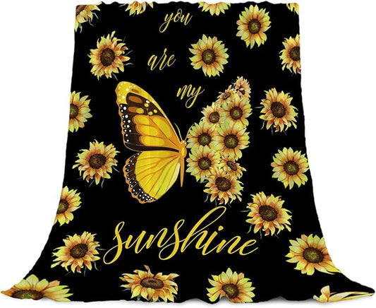 YeeJu Sunflower Throw Blanket Queen Size Yellow Floral Butterfly Blanket for Bed Couch Cozy Soft Fuzzy Plush Fleece Blankets Big Large Decorative Spring Summer Blanket Gift for Women 90x90