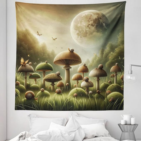 Ambesonne Mushroom Tapestry Queen Size, Dreamy Space Aura Fantasy Meadow Illustration Featuring Moon and Woods, Wall Hanging Bedspread Bed Cover Wall Decor, 88" X 88", Reseda Green and Khaki