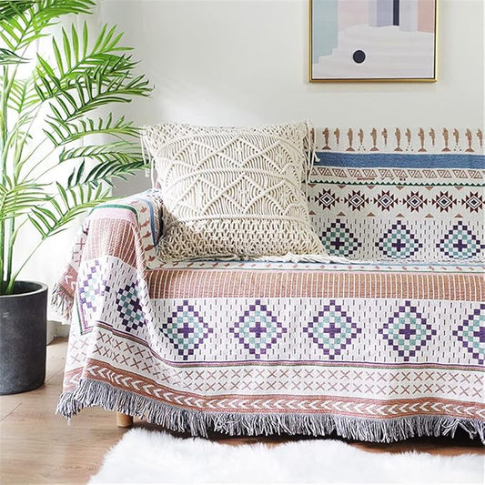 Luxlovery Beige and Purple Bohemian Sofa Throw Blankets Ethnic Woven Boho Geometric Multicolor Throw Blanket for Couch Aztec Bed Throws Oversized Chair Sofa Cover with Tassels(63"x86")