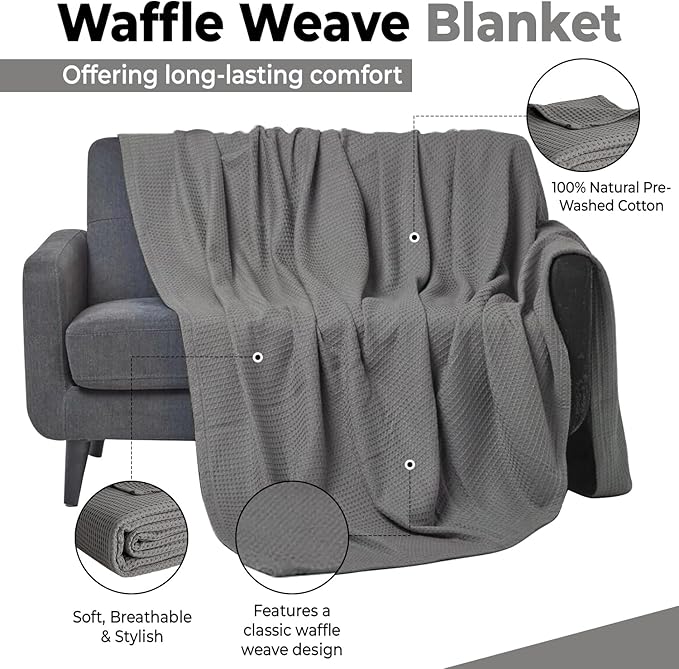 100% Cotton Blankets Throw Size for Bed - Waffle Weave Blankets for Summer, Lightweight and Breathable Soft Woven Blanket for Spring (Dark Grey, Throw (50" x 60")