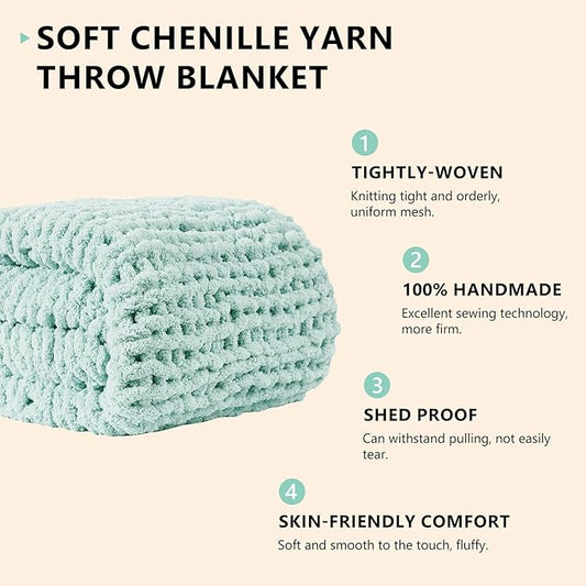L'AGRATY Chunky Knit Blanket Throw: 50''x60'' Chenille Chunky Knitted Throw Blanket for Bed Couch - Handmade Thick Big Cable Knit Blanket - Large Crochet Rope Blanket for Home Decor(Mint Green)