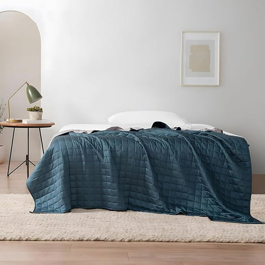 YnM Exclusive Weighted Blanket, Soothing Organic Long Stapled Cotton, Bed Blanket for One Person of 140lbs, Ideal for Queen/King Bed (60x80 Inches, 15 Pounds, Peacock/Grey Reversible)
