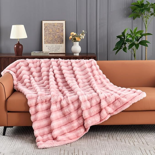 Faux Fur Twin Blanket for Couch - Luxurious Faux Rabbit Fur Bed Blanket Reversible - Cozy Warm Fluffy Fuzzy Plush Striped Blanket for Sofa Bedroom Living Room - 60x80 Inches Pink
