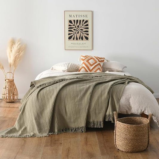 100% Cotton Waffle Blanket with Fringe, Pre-Washed Waffle Weave Blanket for All Season, Lightweight Breathable Soft Cozy Throw Blanket for Couch, Bed, Travel (Sage Green - 66x90 Inches)