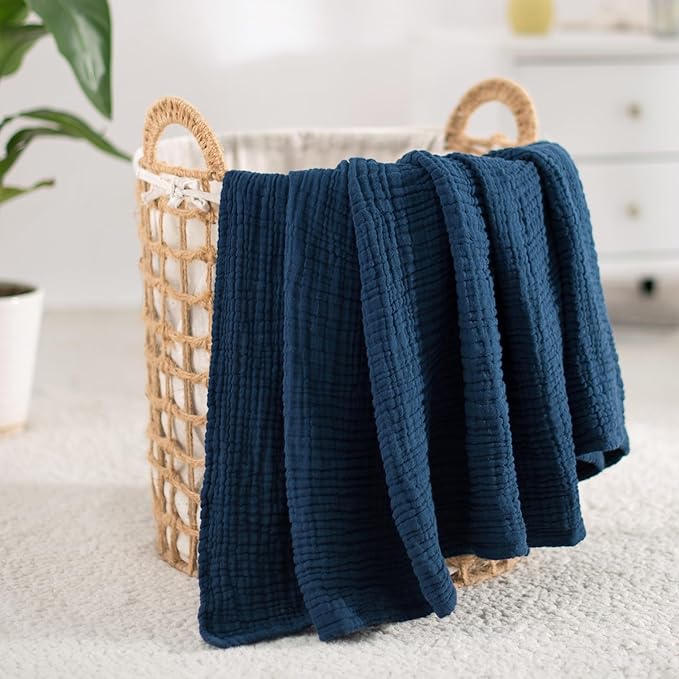 Carriediosa 100% Cotton Muslin Throw Blanket 90" X 90" Queen Size，4-Layers Summer Gauze Throws for Bed Couch，Soft Lightweight Breathable Linen Blankets Bedspread for Adults All Season，Navy Blue