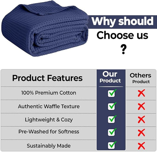 100% Cotton Blankets Throw Size for Bed - Waffle Weave Blankets for Summer, Lightweight and Breathable Soft Woven Blanket for Spring (Navy, Throw (50" x 60")