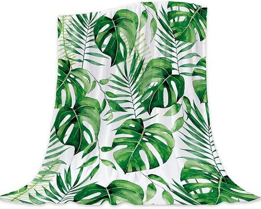 Neatee Living Tropical Leaf Throw Blanket King Size Green White Plant Blanket for Bed Couch Soft Cozy Fuzzy Plush Fleece Blanket Large Oversized Decorative Spring Summer Gift Blanket 90x108