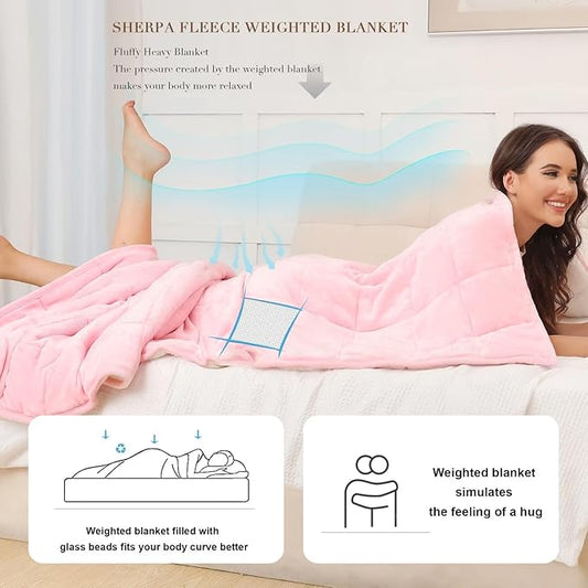 Alomidds Sherpa Fleece Weighted Blanket for Adults(15lbs Twin Size) Heavy Blanket with Fluffy Warm Thick Sherpa & Cozy Soft Flannel Snuggle Great for Sofa Bed Calming, 48x72 inches, Pink