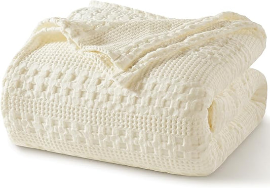 PHF 100% Cotton Waffle Weave Blanket Twin Size, Soft Lightweight Breathable Cozy Summer Blankets for Bed, Luxury Aesthetic Woven Bedding for Home Decor, 66"x90", Cannoli Cream