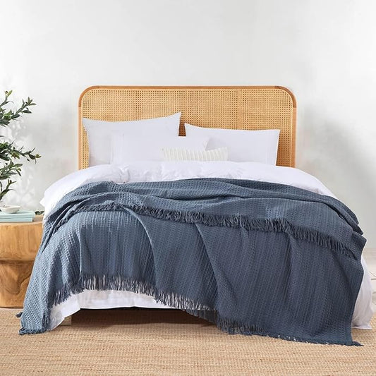 100% Cotton Waffle Blanket with Fringe, Pre-Washed Waffle Weave Blanket for All Season, Lightweight Breathable Soft Cozy Throw Blanket for Couch, Bed, Travel (Blue - 66x90 Inches)