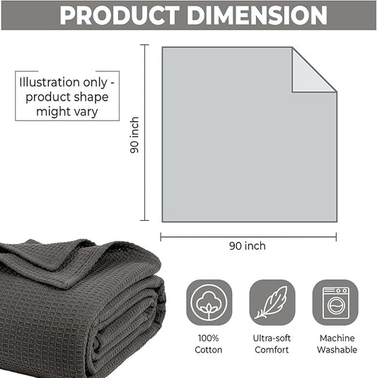 100% Cotton Blankets Queen Size for Bed - Waffle Weave Blankets for Summer, Lightweight and Breathable Soft Woven Blanket for Spring, (Dark Grey, Queen (90" x 90"))