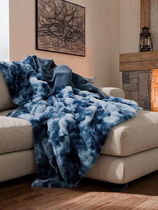 Fluffy Throw Blanket Twin Size - Faux Fur Throw for Couch or Bed - Plush Soft Extra Thick Faux Fur Rabbit Blanket - Comfy, Warm and Breathable - Luxury Minky Tie Dye Bedding - 60" x 80", Marble Blue