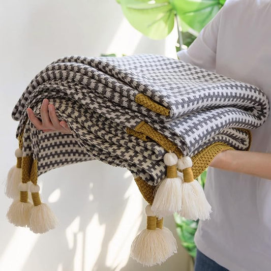 Grey Striped Throw Blanket with Tassels, Knitted Soft Boho Blanket for Couch, Sofa, Bed & Living Room - All Seasons (47.5x60 Inch)
