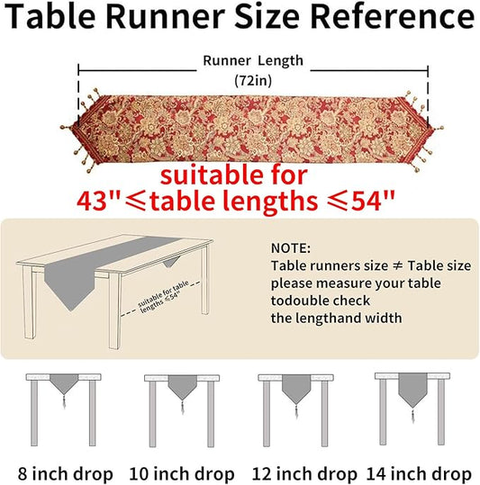 Luxury Vintage Table Runners 72 inches Long Embroidery Jacquard Fabric with Multi-Tassels Table Runners for Dining Room Dresser Wedding Christmas Thanksgiving Party Decorations (Red, 12X72inch)