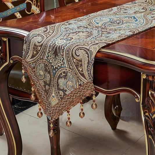 Luxury Vintage Design Table Runners 72 inches Long Embroidery Jacquard Fabric with Multi-Tassels Table Runners for Dining Room Dresser Wedding Holiday Party Fireplace Decorations (Coffee, 12X72inch)