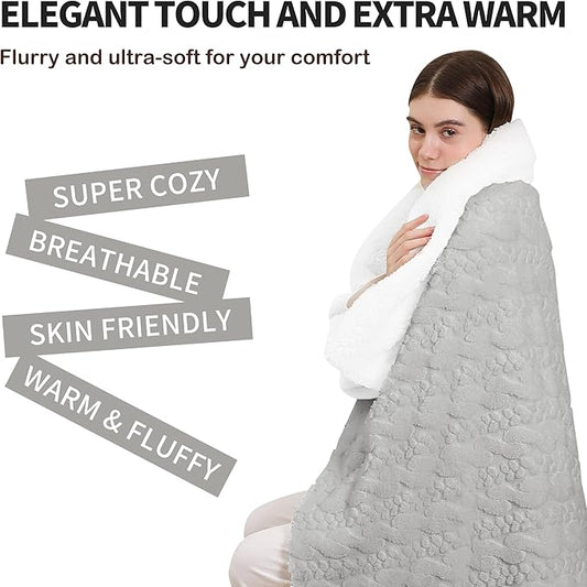 ESTINGO Faux Fur Electric Throw Blanket, Luxury Furry Throw Heated Blanket, 3D Leaf-Patterned Thick Rabbit Fux Fluffy Heating Blanket with 5 Heating Levels & 4 Hours Auto Off, 50" x 60" Light Gray
