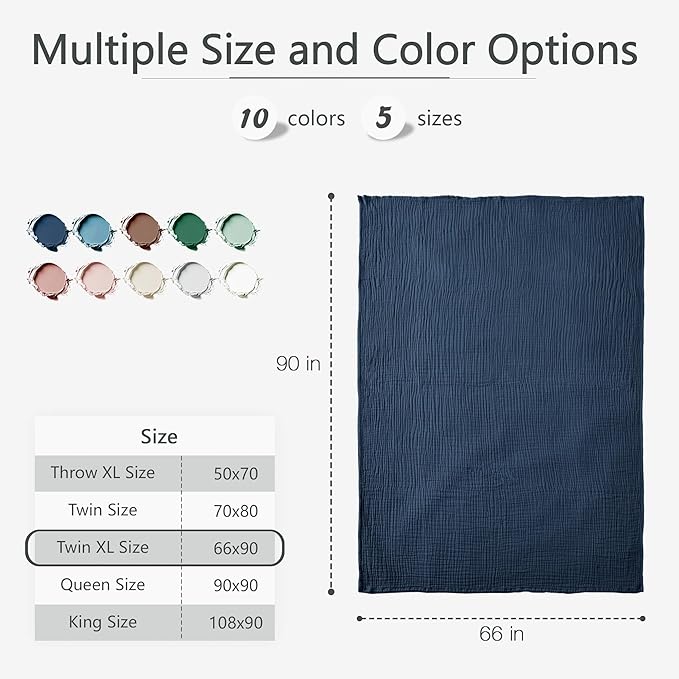 Carriediosa 100% Cotton Muslin Throw Blanket 66" X 90" Twin XL Size，4-Layers Summer Gauze Throws for Bed Couch，Soft Lightweight Breathable Linen Blankets Bedspread for Adults All Season，Navy Blue