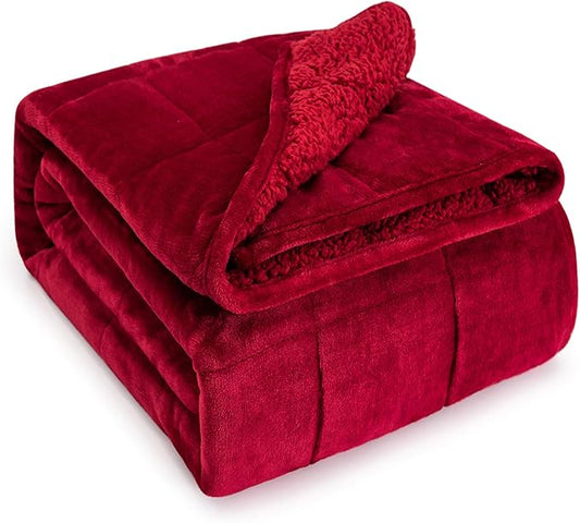 Wemore Sherpa Fleece Weighted Blanket for Adult, 15 lbs Dual Sided Cozy Fluffy Heavy Blanket, Ultra Fuzzy Throw Blanket with Soft Plush Flannel Top, 48 x 72 inches, Burgundy on Both Sides